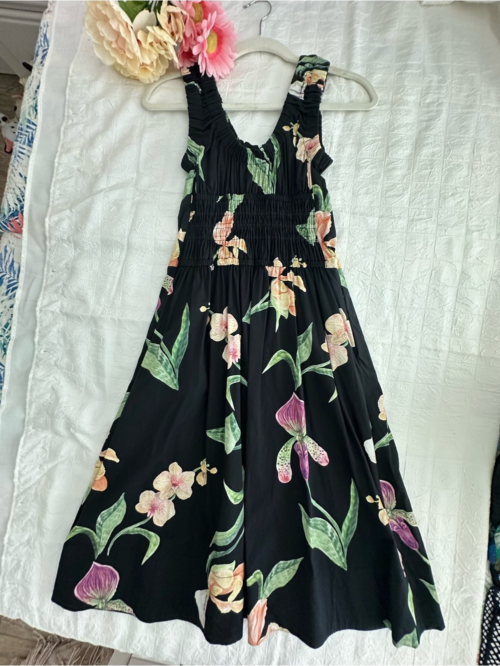 WHBM BRAND NEW Black Floral Smocked Sundress with Pink & Peach Blooms! GORGEOUS